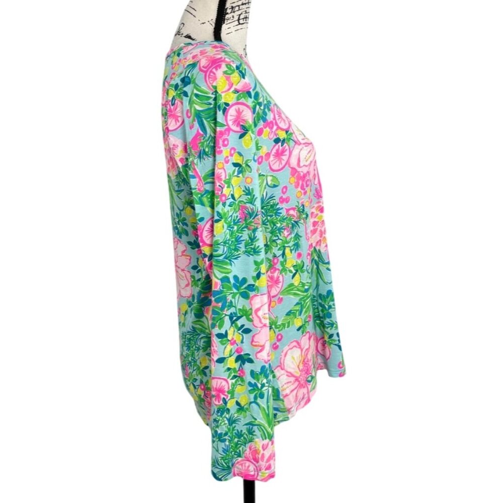 Lilly Pulitzer Long Sleeve Top Henley PJ Fruity Flamingo Green Pink Women Size M - Picture 2 of 8